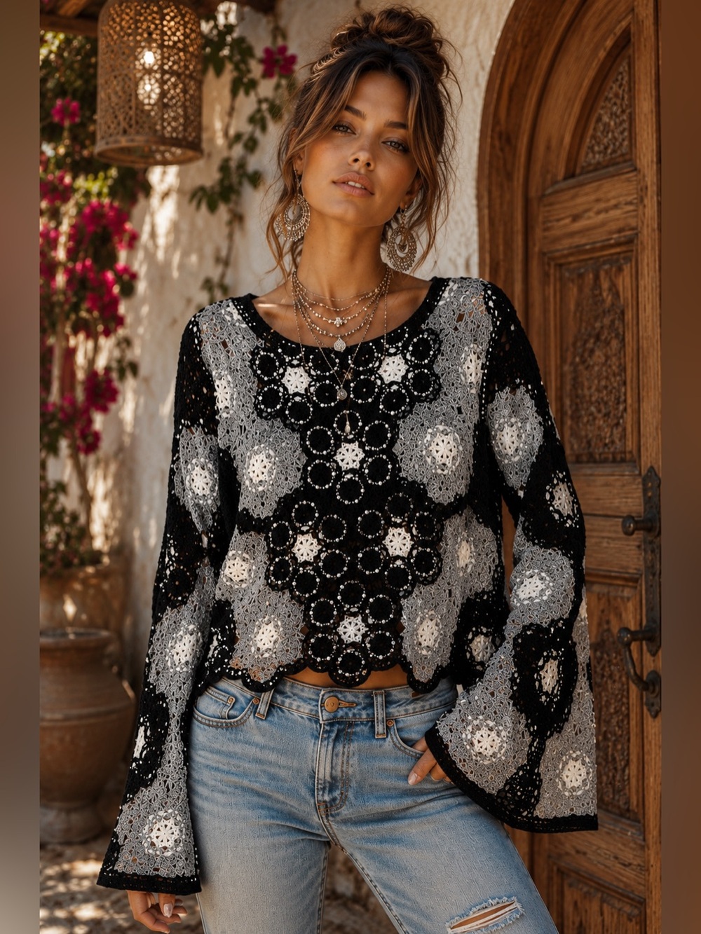 NIP POL Size One Crochet Sweater Top Black Gray Ivory Beaded Bell Sleeve Boho